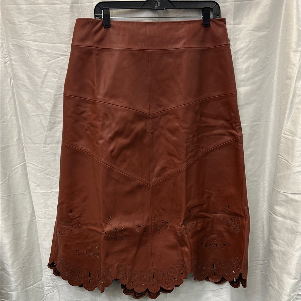 Scalloped Hem Midi Skirt in Rust Brown 100% Leather